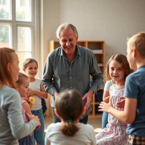 Marc Laurent animant un atelier d'improvisation pour des enfants