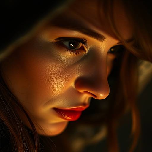 Photo d'une actrice en gros plan, concentrée sur l'interprétation d'un rôle