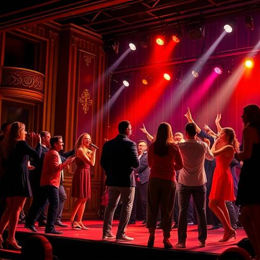Photo d'une performance de théâtre musical avec des acteurs chantant et dansant