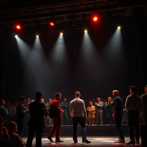 Photo d'une scène de théâtre avec des acteurs en pleine performance