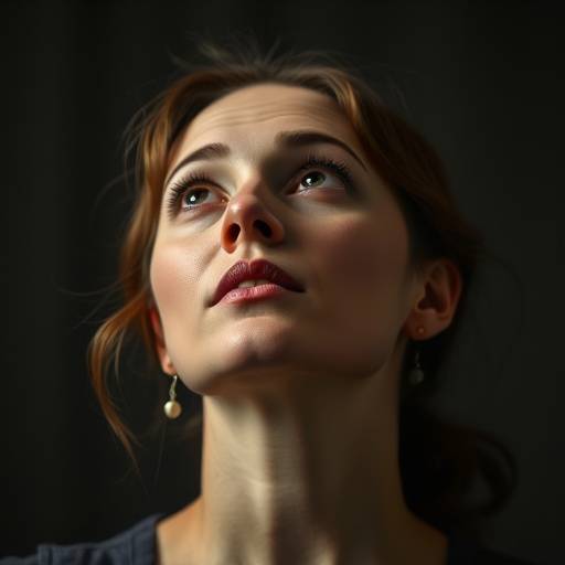 Portrait de Léa Girard, instructrice de théâtre, regardant vers le haut avec inspiration