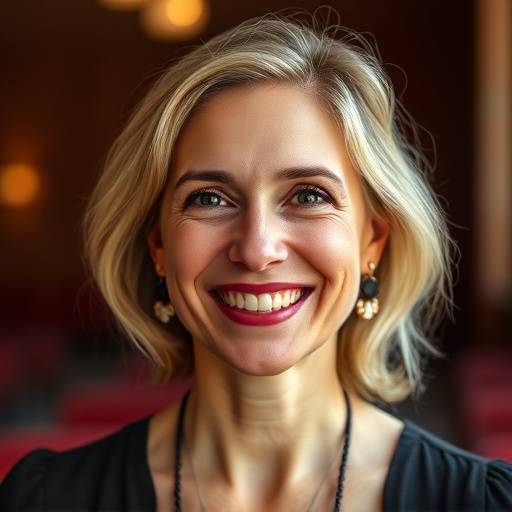 Portrait de Sophie Dubois, instructrice de théâtre, souriant chaleureusement